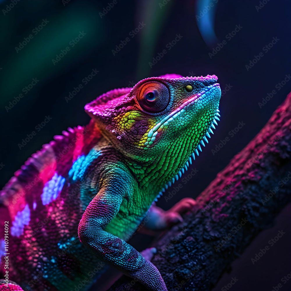 Obraz premium bright neon colors shining on wild chameleon