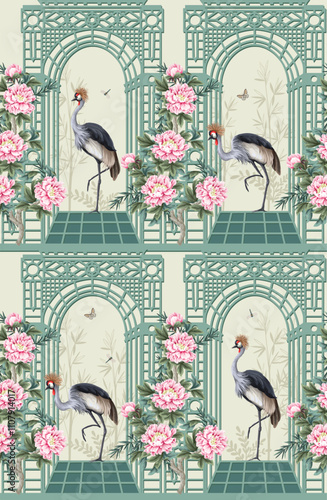 Seamless pattern with herons, peonies and alcove in chinoiserie style. Vector.