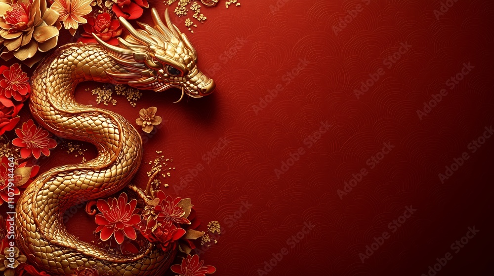 Fototapeta premium A vibrant Chinese New Year design featuring a coiled, intricately detailed golden snake amidst blooming cherry blossoms on a rich red textured background.