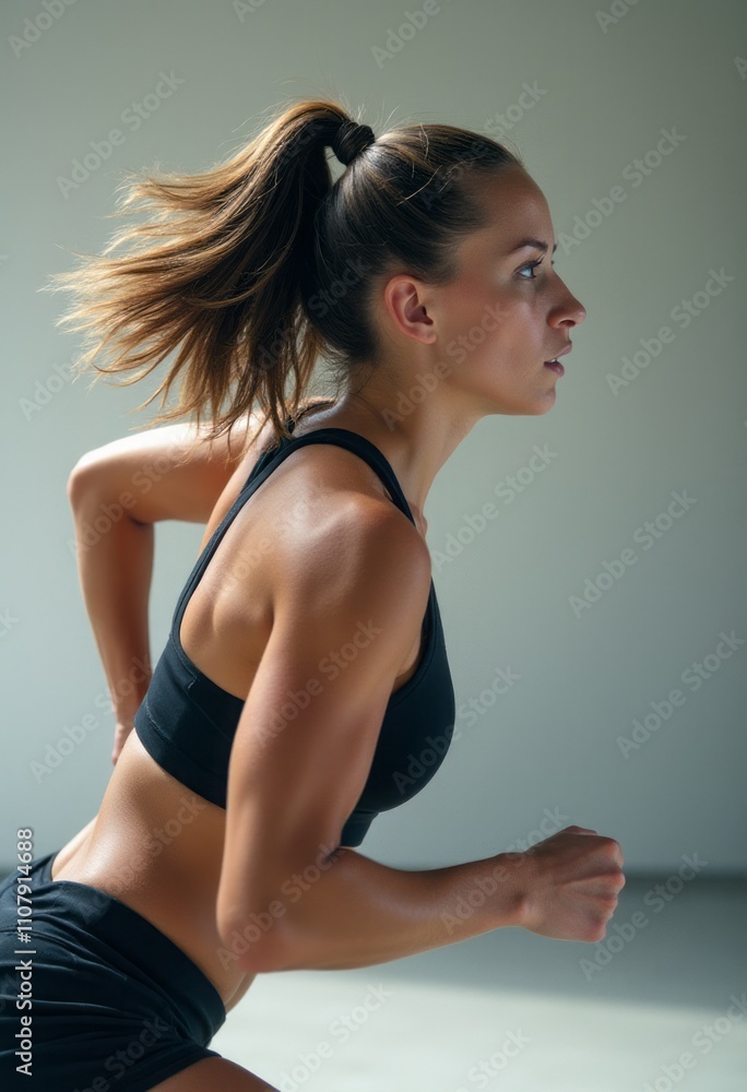 Fototapeta premium A determined woman sprints forward, her athletic physique highlighted by the sleek black sportswear she wears. The intensity in her expression and the flowing hair create a sense of energy and focus