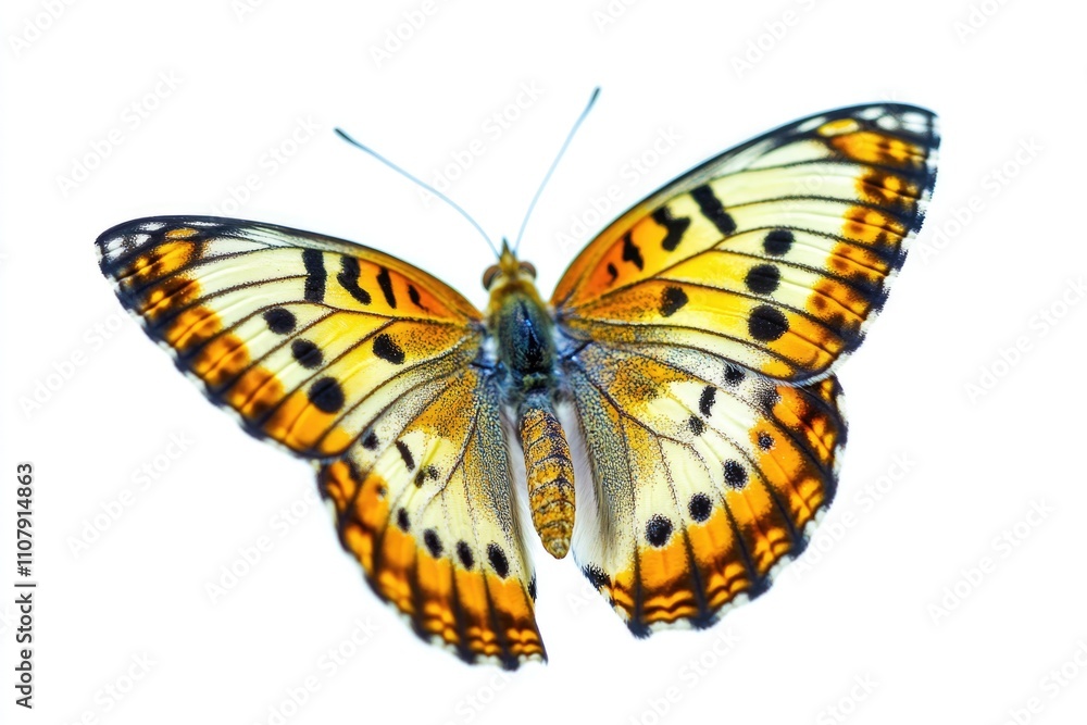 Obraz premium A yellow and black butterfly perches on a clean white surface, providing a striking contrast