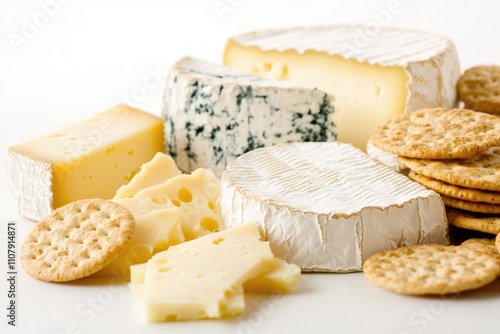 A selection of cheeses and crackers on a table, perfect for snacking or entertaining photo