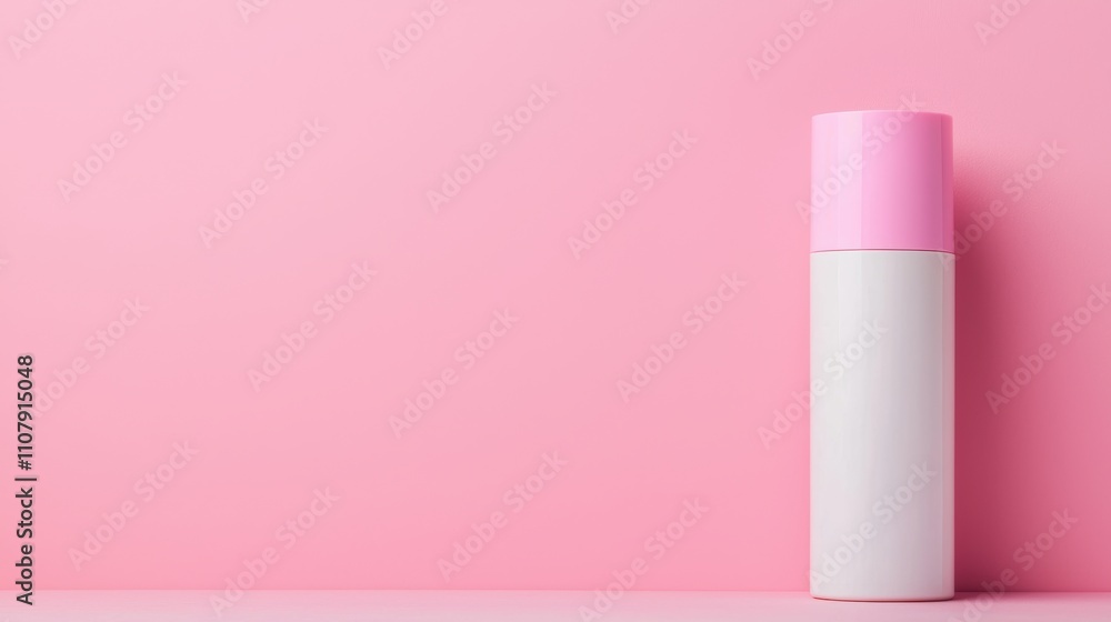 White spray bottle with pink cap on pink background: promoting beauty and skincare product White spray bottle with pink cap on pink background: promoting beauty and skincare product