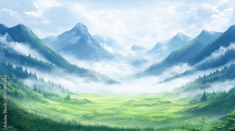 Obraz premium Serene Mountain Landscape with Mist and Lush Valleys