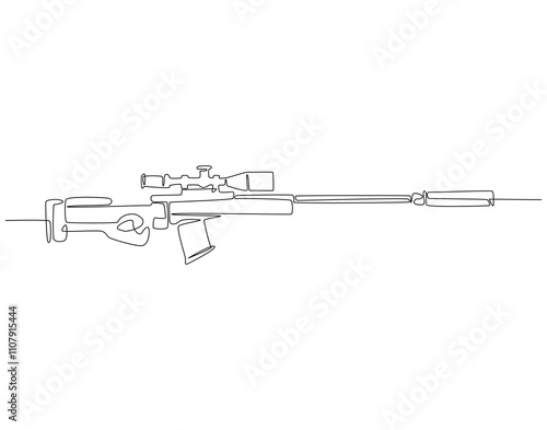 Continuous one line drawing of sniper rifle. One line drawing illustration of army weapon sniper. Military weapon, soldier equipment concept line art. Editable outline