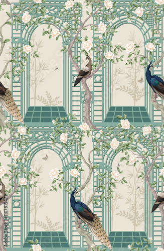 Seamless pattern with peacocks, peonies and alcove in chinoiserie style. Vector.