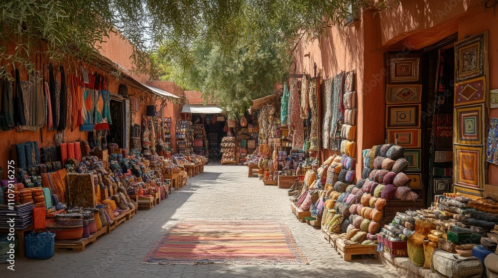 Fototapeta premium Vibrant marketplace with colorful textiles and pottery, showcasing local craftsmanship.