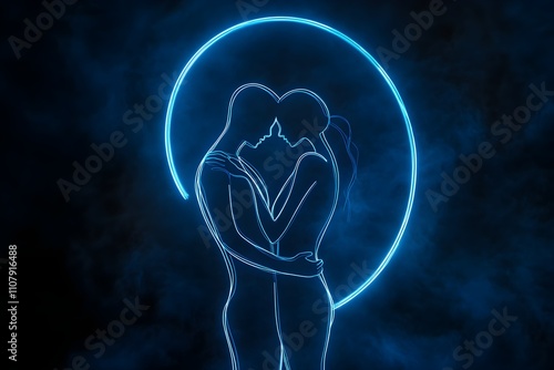 Abstract neon silhouette of embracing figures under moonlit sky. photo