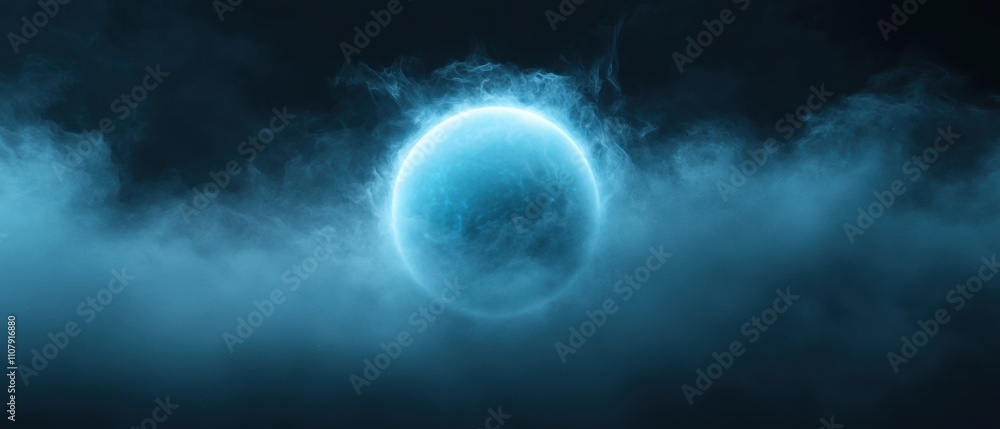 Digital illustration of a blue sphere in the center of a dark background. the sphere is surrounded by a cloud of white smoke or fog, creating a dramatic and ethereal effect. Digital illustration of a blue sphere in the center of a dark background. the sphere is surrounded by a cloud of white smoke or fog, creating a dramatic and ethereal effect.