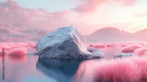 rock product stage with pink grassland and lakes 3d rendering