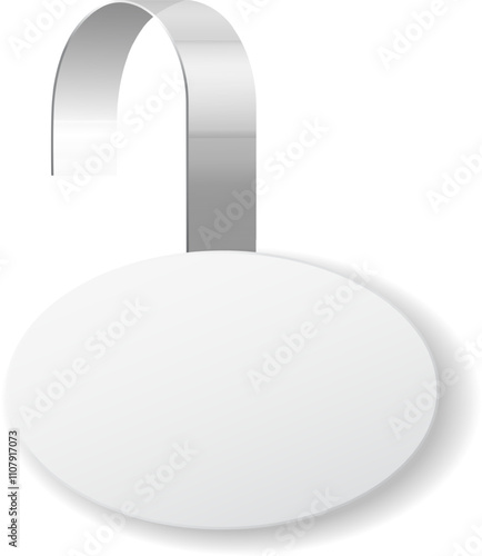 Round white wobbler hanging from a metallic strip, ideal for promoting sales, discounts, or special offers in a retail environment, creating visual appeal and attracting customer attention