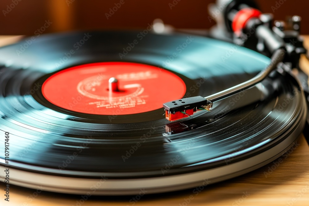 Vinyl record spinning on a turntable, showcasing the rich textures of music in a cozy indoor setting Vinyl record spinning on a turntable, showcasing the rich textures of music in a cozy indoor setting