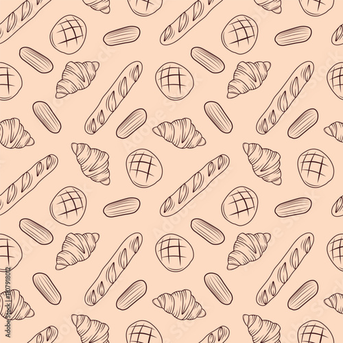 Vector pattern of bread products, croissants and eclairs