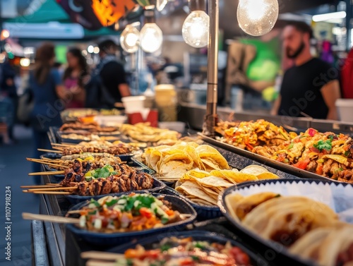 A bustling street food market filled with delicious grilled skewers and tasty tacos, showcasing vibrant colors and flavors that entice food lovers to indulge. photo