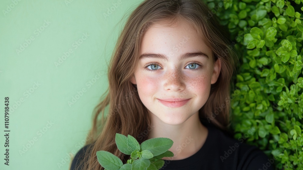 Portrait of a young girl with long brown hair and freckles. she is standing in front of a green wall with a bunch of green leaves on the right side. Portrait of a young girl with long brown hair and freckles. she is standing in front of a green wall with a bunch of green leaves on the right side.
