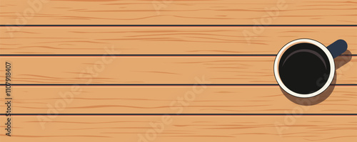 Wood background, wood texture. Wooden panel table with a cup of coffee. Light wood texture with beautiful texture for design. Vector illustration.