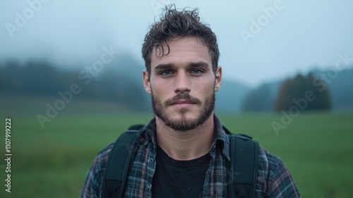 Portrait of a young man with a beard and curly hair. he is standing in front of a green field with trees in the background. the man is wearing a plaid shirt and has a backpack slung over his shoulder.