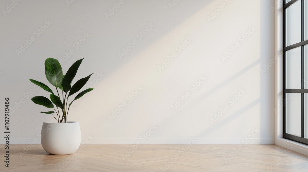 Fototapeta premium Modern minimalist interior design with potted plant and natural light