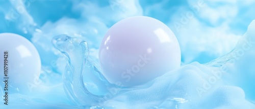 Two white spheres floating in a pool of blue water. the spheres are in the center of the image, with one sphere on the left and one on the right.