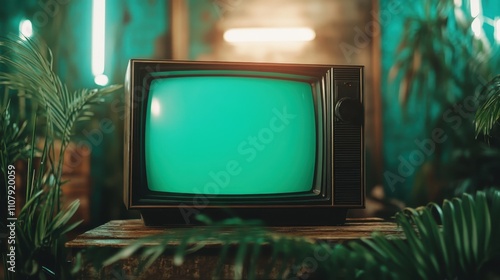 A classic television with a green screen is set in a vibrant studio space filled with plants, symbolizing creativity and the fusion of past and present aesthetics. photo