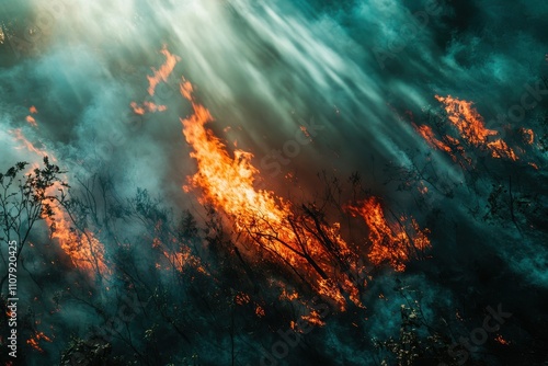 The image showcases an intense forest blaze with towering flames and thick smoke rising, emphasizing the devastating and tumultuous characteristics of wildfires photo