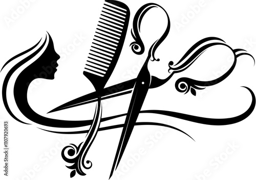 Girl with curls of hair, scissors and hairdresser comb