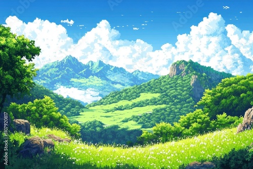 Retro pixel landscape: vibrant emerald mountains against clear azure skies for gaming promotions and graphics photo