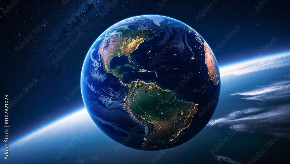Naklejka premium A view of Earth from space with a clear night sky and vibrant blue and green tones, emphasizing the beauty of our planet