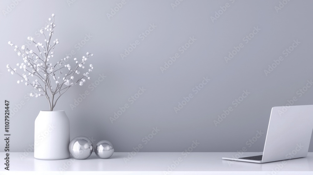 White desk with a laptop on the right side. on the left side of the desk, there is a white vase with a bunch of small white flowers in it. next to the vase, there are two silver spheres. White desk with a laptop on the right side. on the left side of the desk, there is a white vase with a bunch of small white flowers in it. next to the vase, there are two silver spheres.