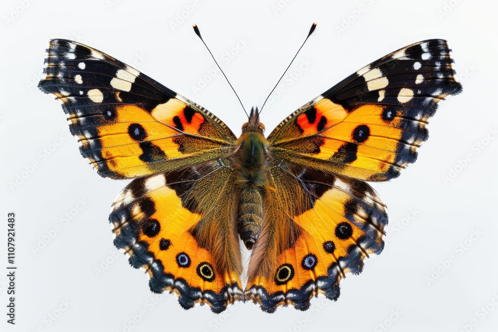 Naklejka premium A single butterfly perched on a clean white surface, its wings spread open