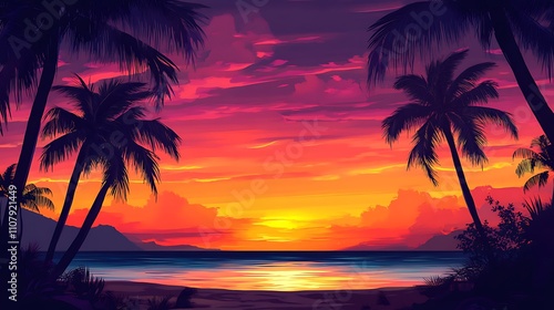 A vibrant sunset over a beach with palm trees, evoking tranquility and beauty.