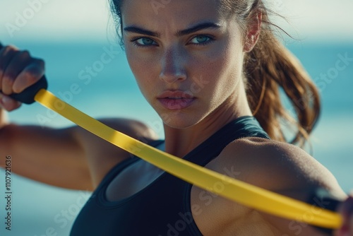 A young woman holds a bright yellow ribbon, ready to tie or decorate something photo