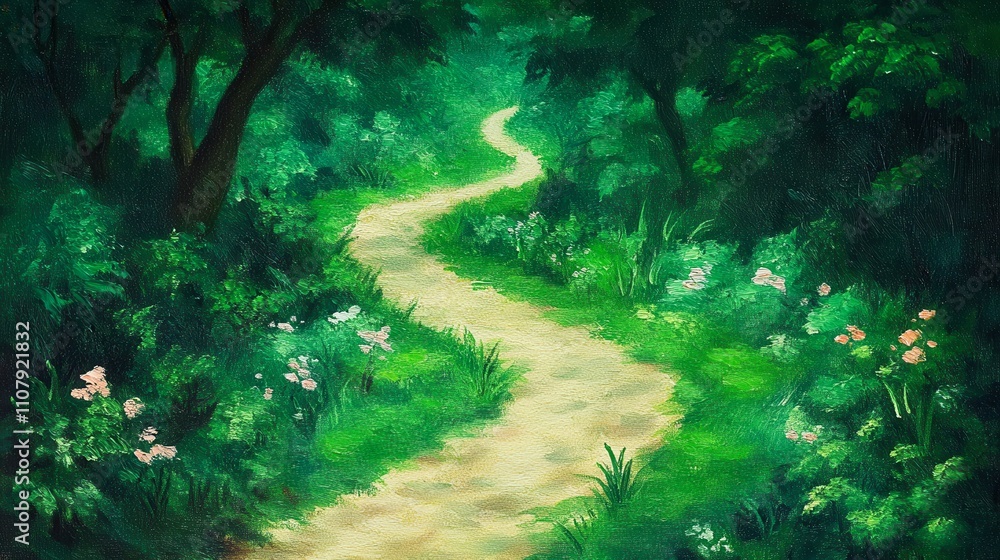 Fototapeta premium A serene landscape painting featuring a winding path through lush greenery and blooming flowers, ideal for nature-themed projects, relaxation concepts, or decorative purposes,