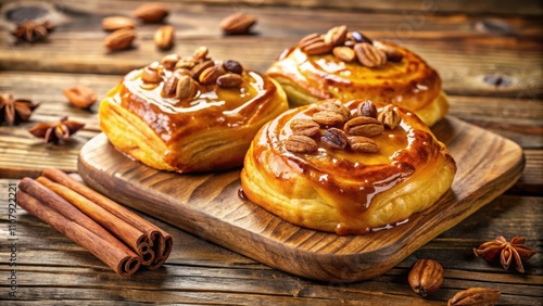 Wallpaper Mural Sweet Pastry Rolls Topped with Almonds and Drizzled with Caramel on a Wooden Cutting Board Torontodigital.ca