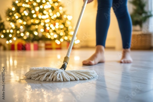 A woman is cleaning the floor in front of a decorated Christmas tree photo