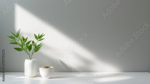 Wallpaper Mural White table with two white vases on it. on the left side of the table, there is a small potted plant with green leaves. the vase on the right side is empty and has a gold rim. Torontodigital.ca