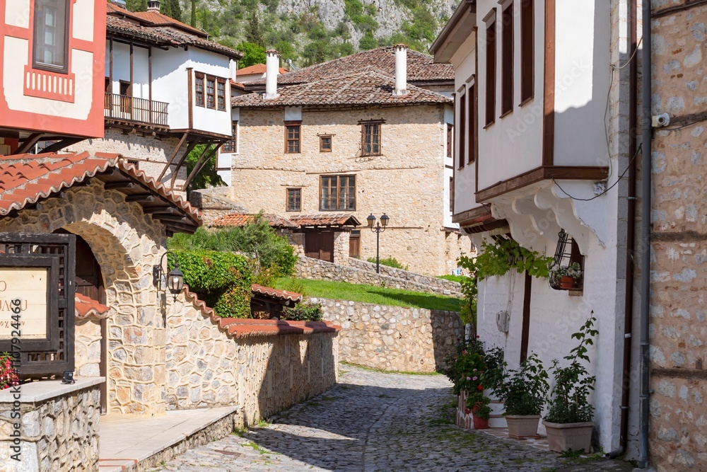 Fototapeta premium Old town of Kastoria in northern Greece in spring. Cityscape. A beautiful street in the old town.