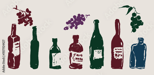 Wine Bottles Alcohol Drink Vector Set Illustration