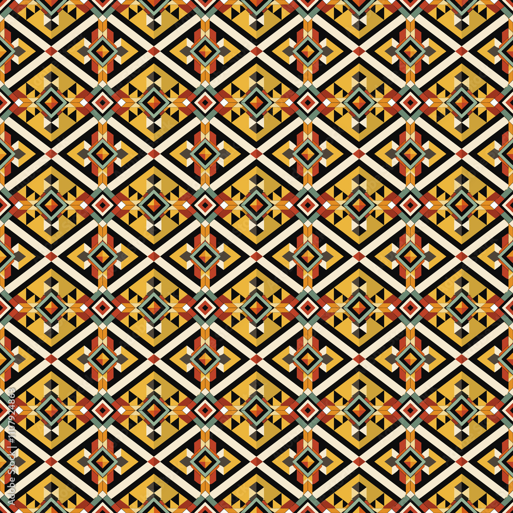Geometric Ethnic Pattern: A vibrant and intricate textile design featuring a repeating geometric pattern in warm earthy tones. Perfect for fashion, home decor, and surface design projects. Geometric Ethnic Pattern: A vibrant and intricate textile design featuring a repeating geometric pattern in warm earthy tones. Perfect for fashion, home decor, and surface design projects.