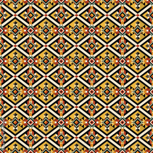 Geometric Ethnic Pattern: A vibrant and intricate textile design featuring a repeating geometric pattern in warm earthy tones. Perfect for fashion, home decor, and surface design projects. 