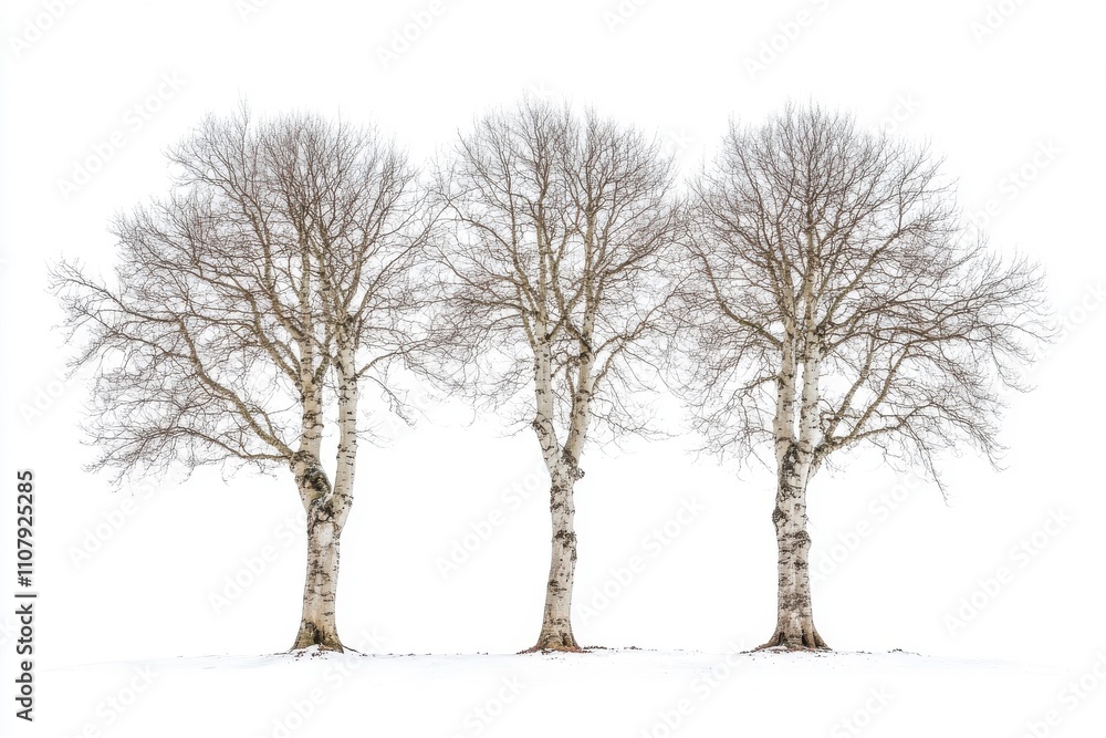 Fototapeta premium Trio of large sycamore trees displayed against a clean white background for use in graphic design or eco-friendly projects