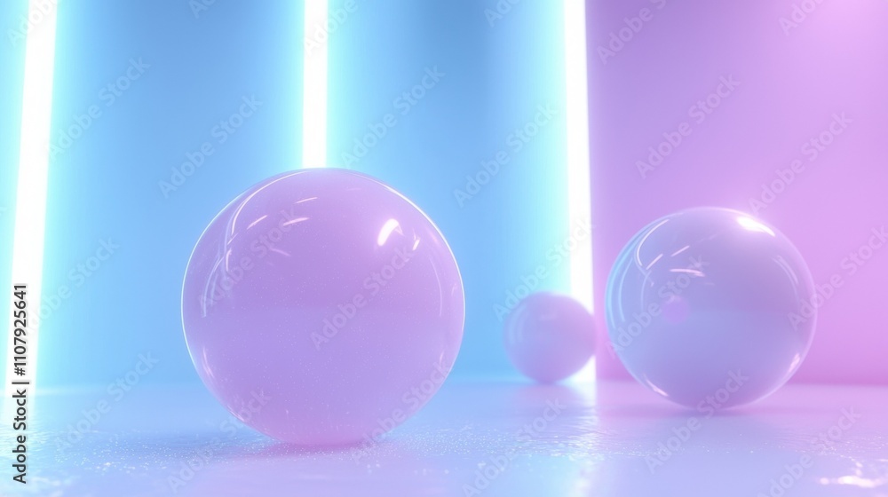 Three spherical objects on a reflective surface. the objects are light purple in color and appear to be made of a shiny material. Three spherical objects on a reflective surface. the objects are light purple in color and appear to be made of a shiny material.
