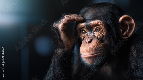 A chimpanzee looks intently, suggesting curiosity and intelligence, against a modern digital backdrop. The image blends natural elements with technological themes. photo