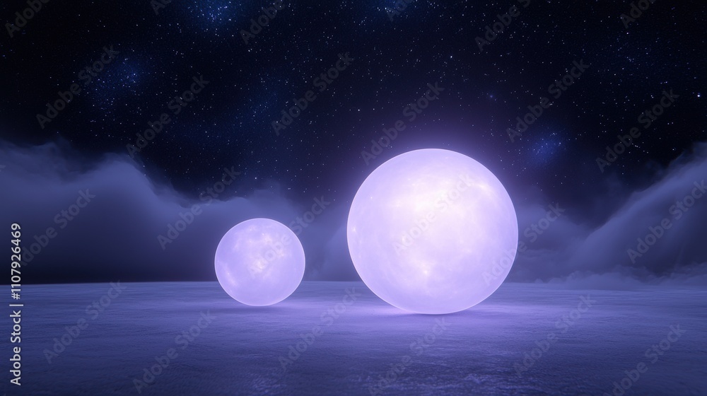Obraz premium Two large, glowing spheres on a dark, starry night sky. the spheres are spherical in shape and appear to be floating on the surface of the water below.