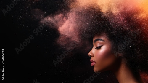 A striking artistic profile of a woman against a vibrant black background, featuring a creative blend of colors emerging above her head, conveying imagination. photo