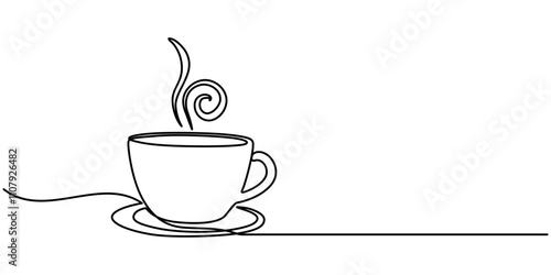 Continuous thin line coffee cup with smoke vector illustration, minimalist sketch doodle for cafe, Continuous Line Drawing of Take Away Coffee Icon. Hand Drawn Symbol Vector Illustration, Continuous .