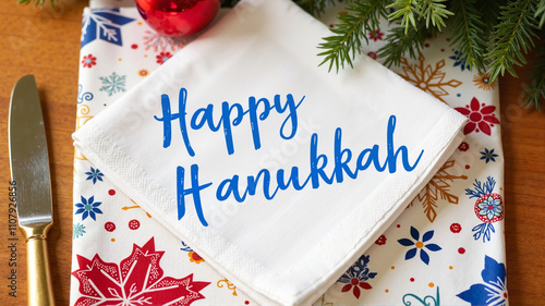 Happy Hanukkah napkin on festive table setting photo