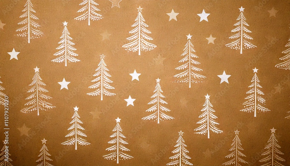 Obraz premium Fond de papier kraft avec motifs de sapins et étoiles blanches