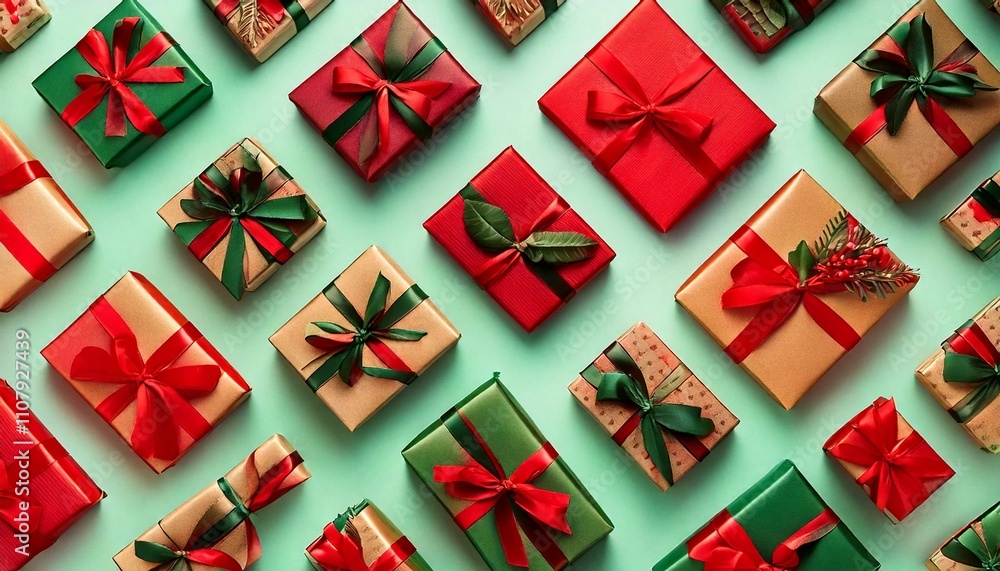 Fototapeta premium Motif de cadeaux emballés avec des rubans rouges et verts