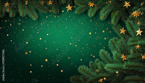 Fond vert sapin avec étoiles dorées scintillantes